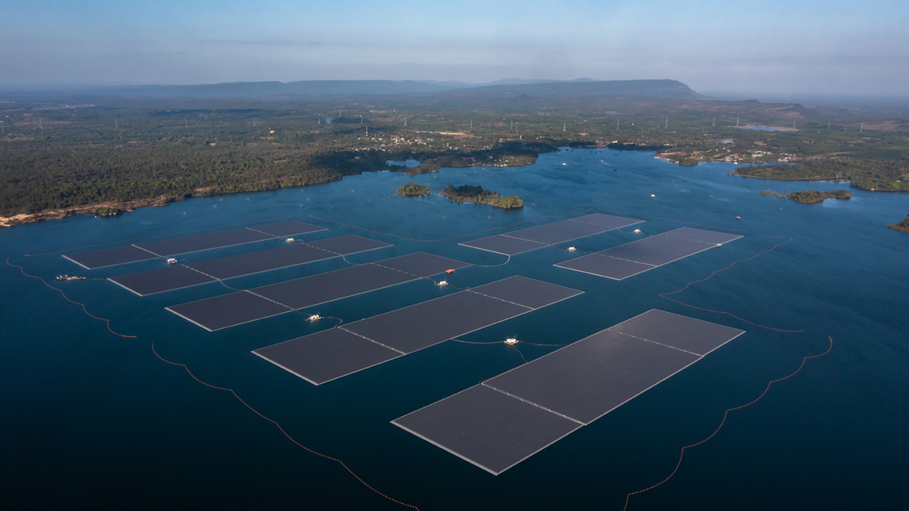 Aerial View Floating Solar Cell Power Plant With Solar Cell Generate Electric Lake