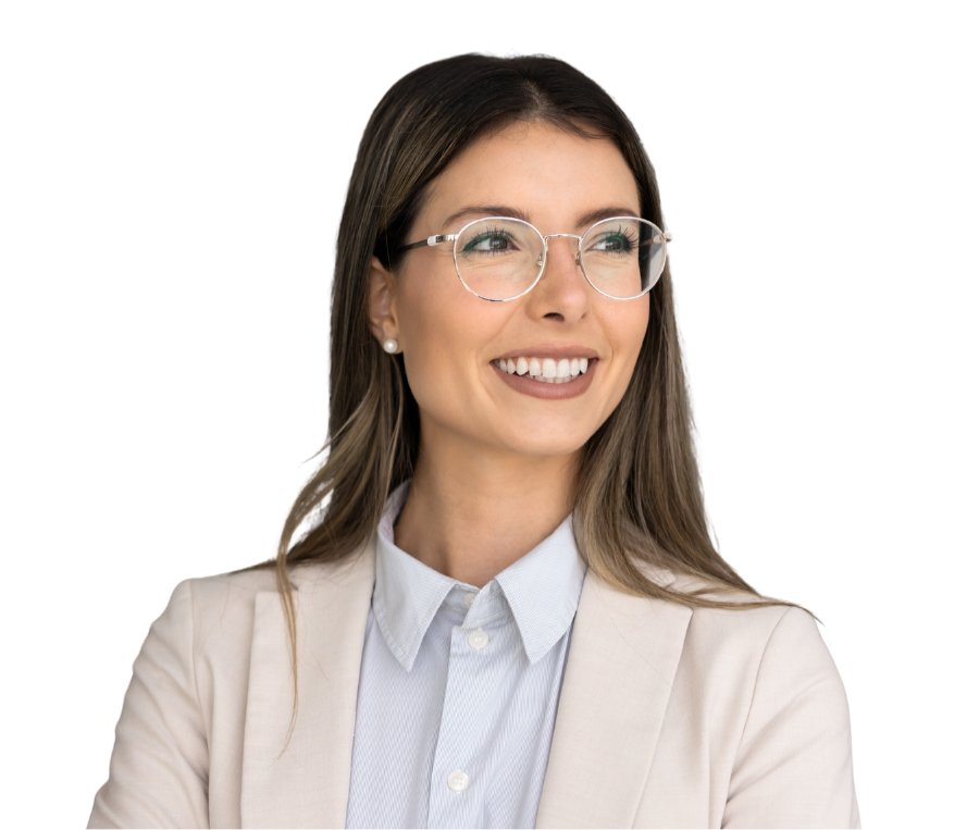 Smiling female professional wearing glasses.