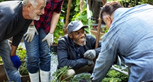 Old farmers smiling while sitting down