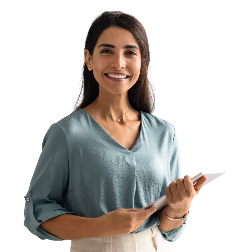 Female professional holding a tablet. 