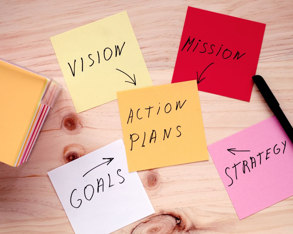 A wooden desk with colorful sticky notes labeled “Vision,” “Mission,” “Goals,” “Strategy,” and “Action Plans,” representing the structured approach of retained search in solving hiring gaps.y