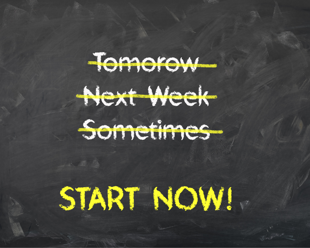 Start now written on a chalk board