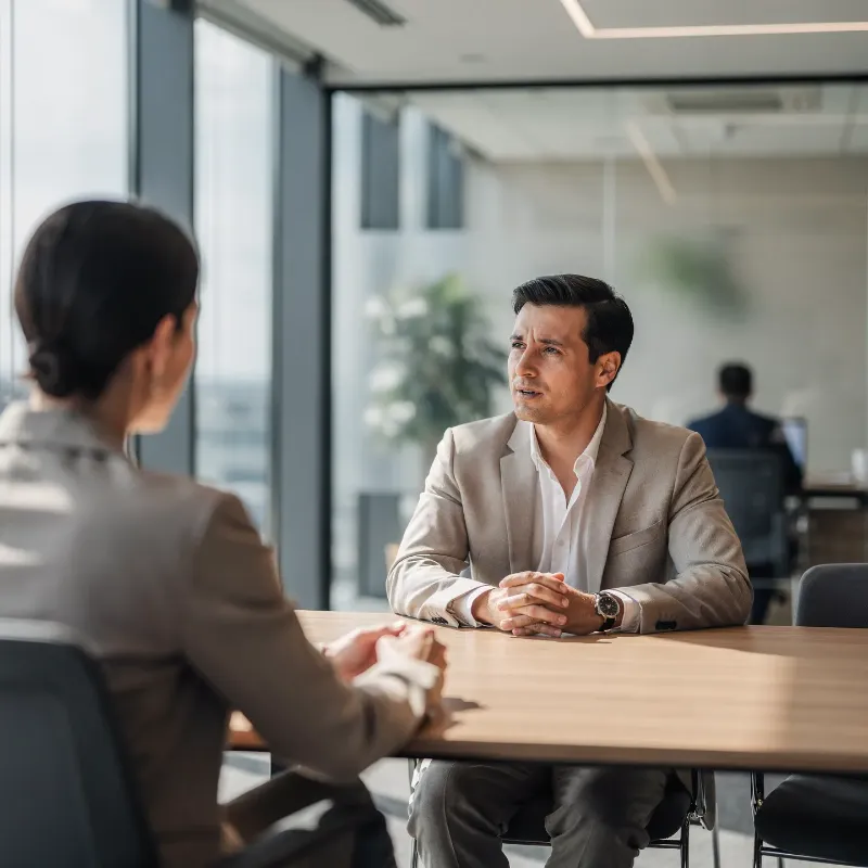 MedTech professional in a strategic career discussion with a recruitment consultant in a modern office