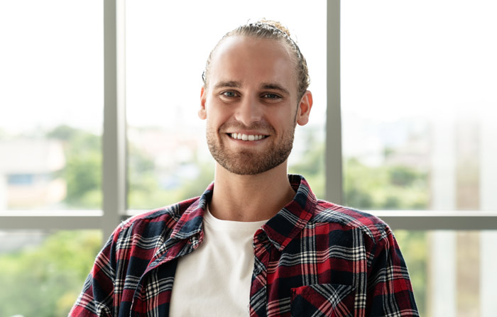 Portrait Young Happy Stylish Bearded Caucasian Man Smiling Confident Casual Outfit