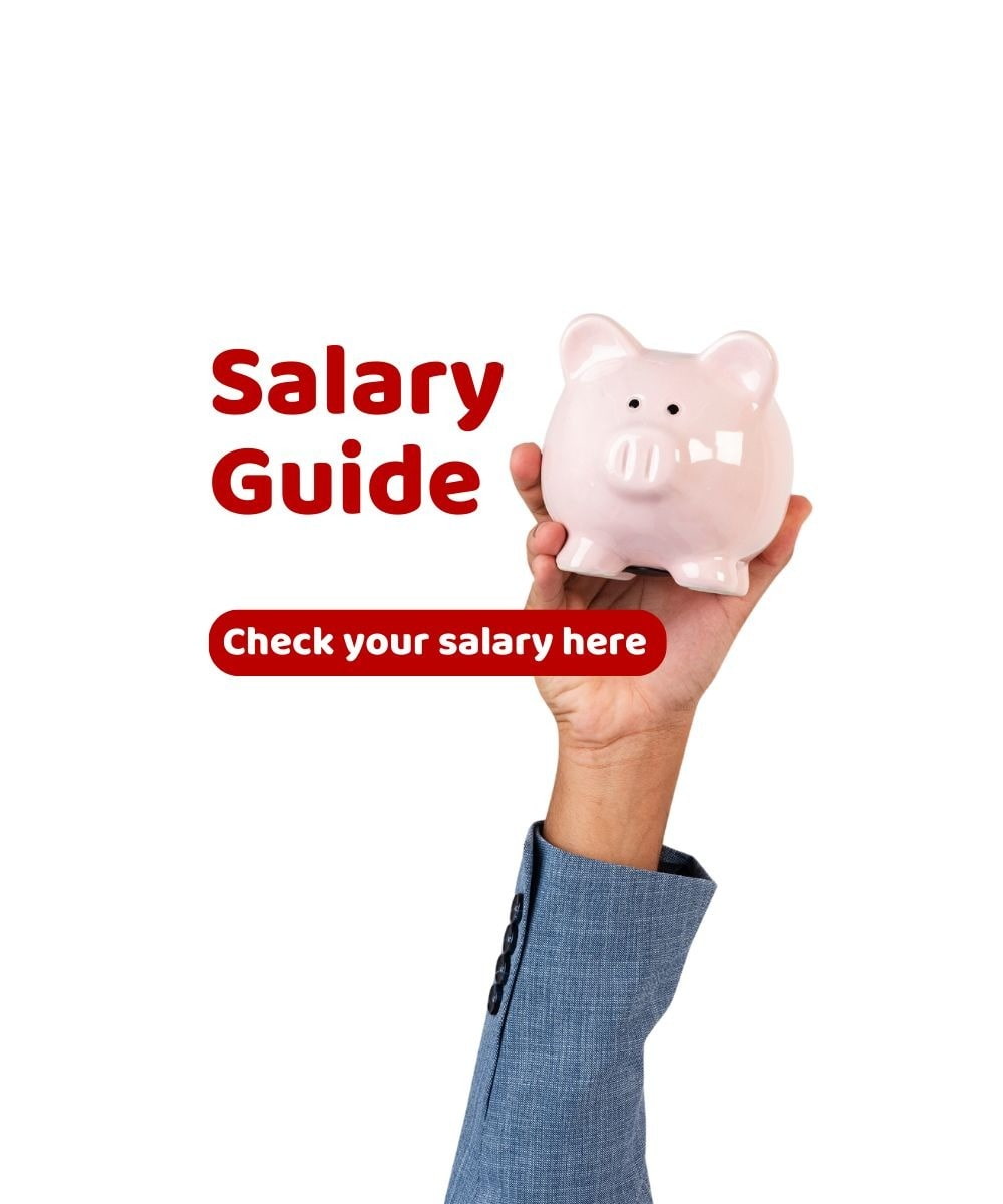 Arm holding up pink piggy bank against red background - Salary Calculator