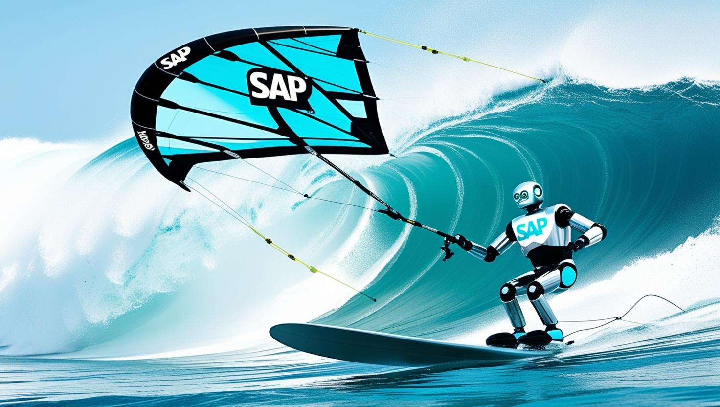 Create An Image Of A Plain Robot, Kite Surfing A Wave