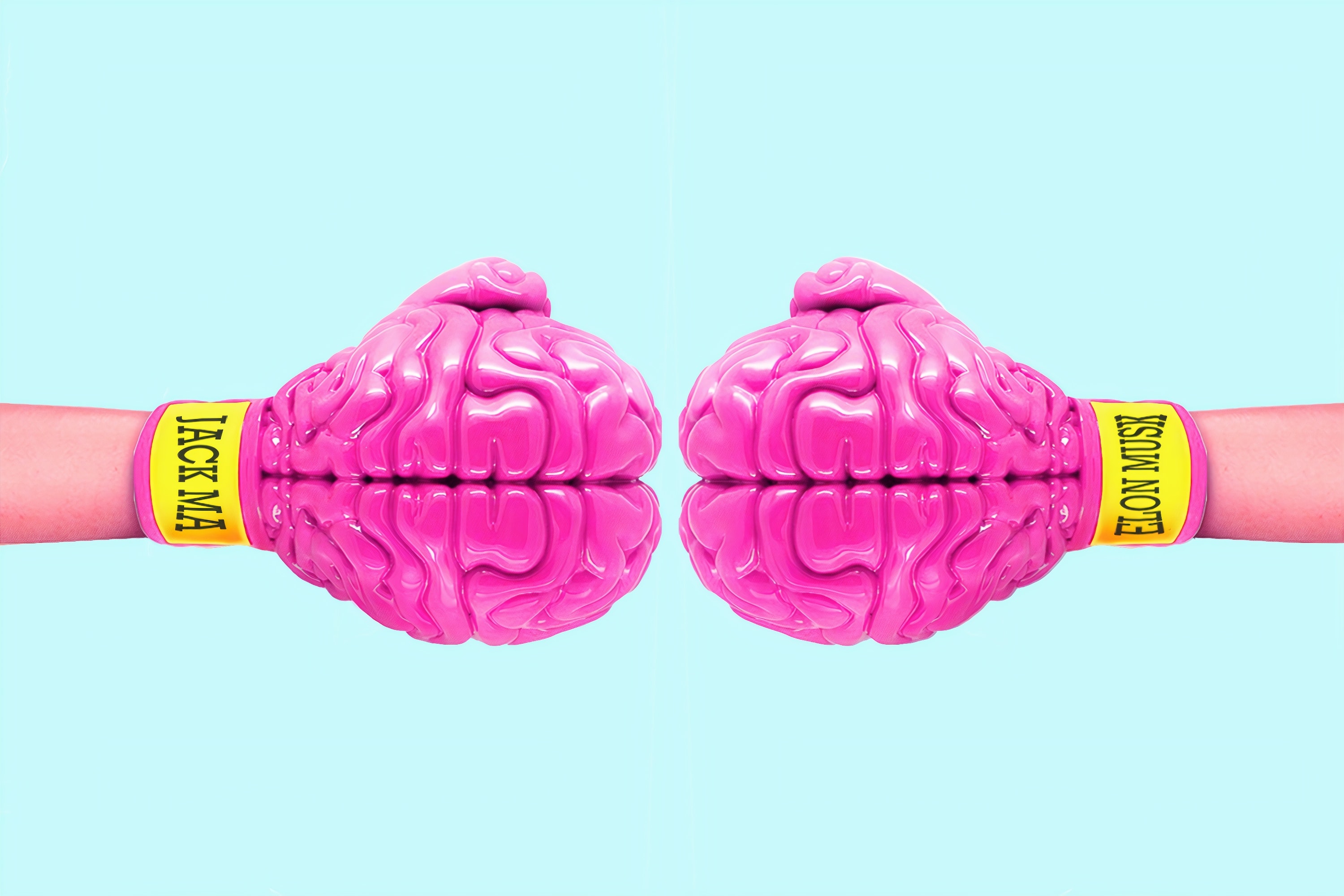 Pink Boxing Gloves shaped as brain with blue background