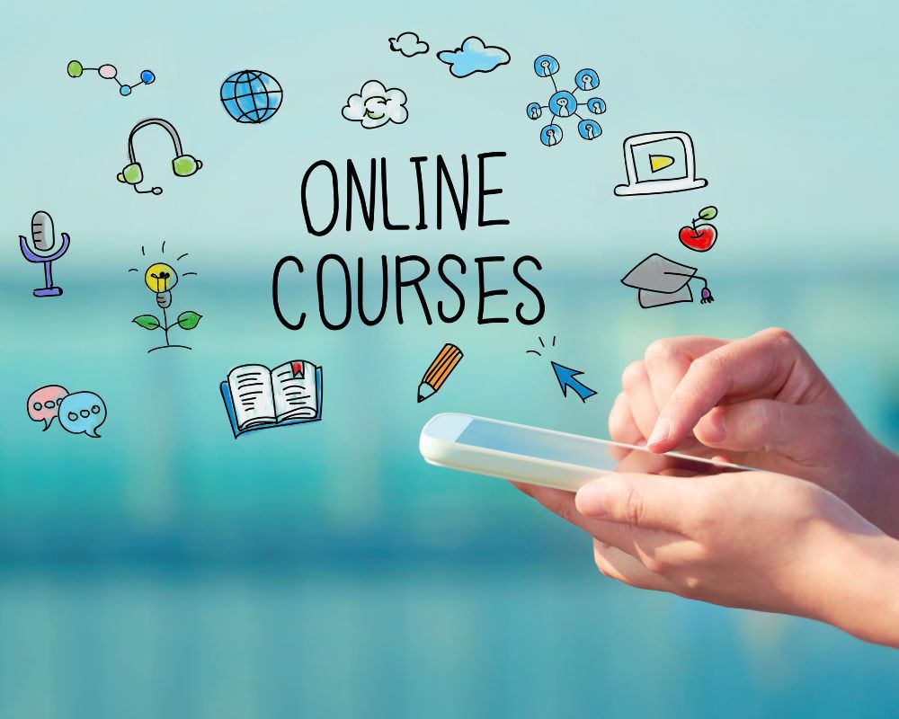 Hands holding a phone displaying ‘online course’ surrounded by sketch icons related to job search, representing online learning and job preparation