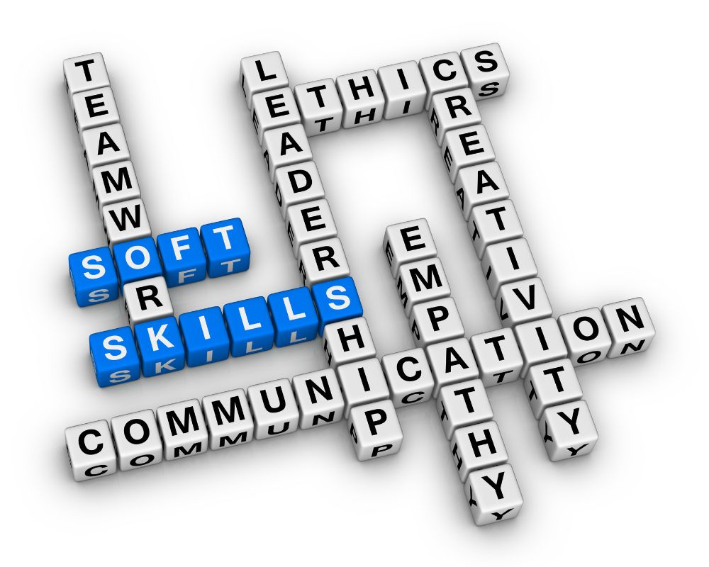 soft skills word blocks in white and blue 