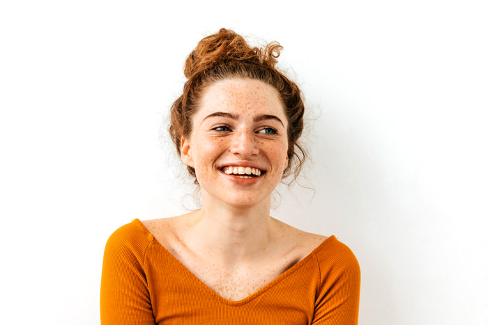 Red Hair Woman Portrait Happiness Beautiful Blue Eyed Girl Freckles Smiling White Background