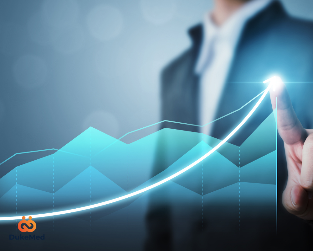 A professional pointing at a glowing data trendline, illustrating growth, strategic planning, and workforce forecasting