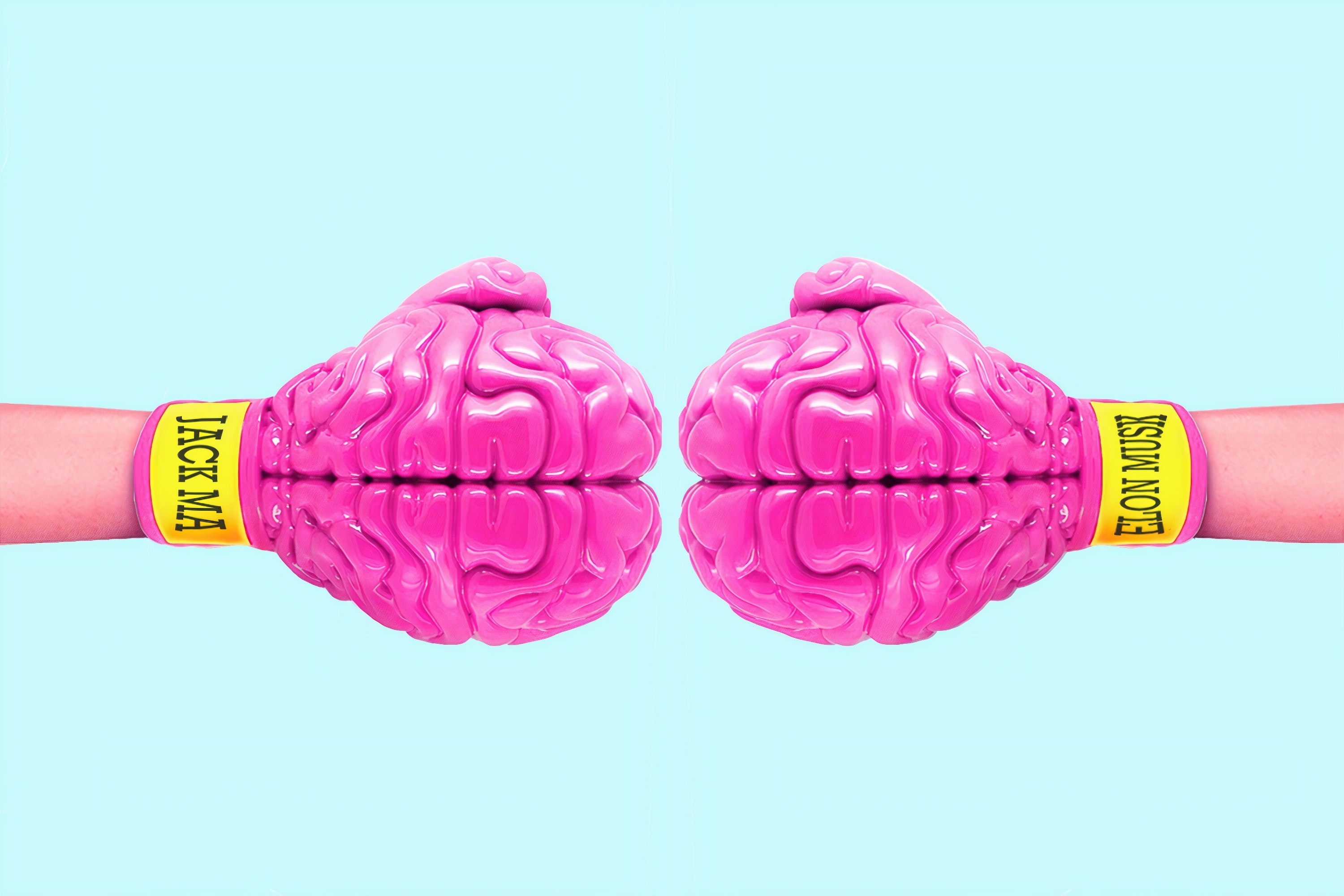 Pink Boxing Gloves shaped as brain with blue background