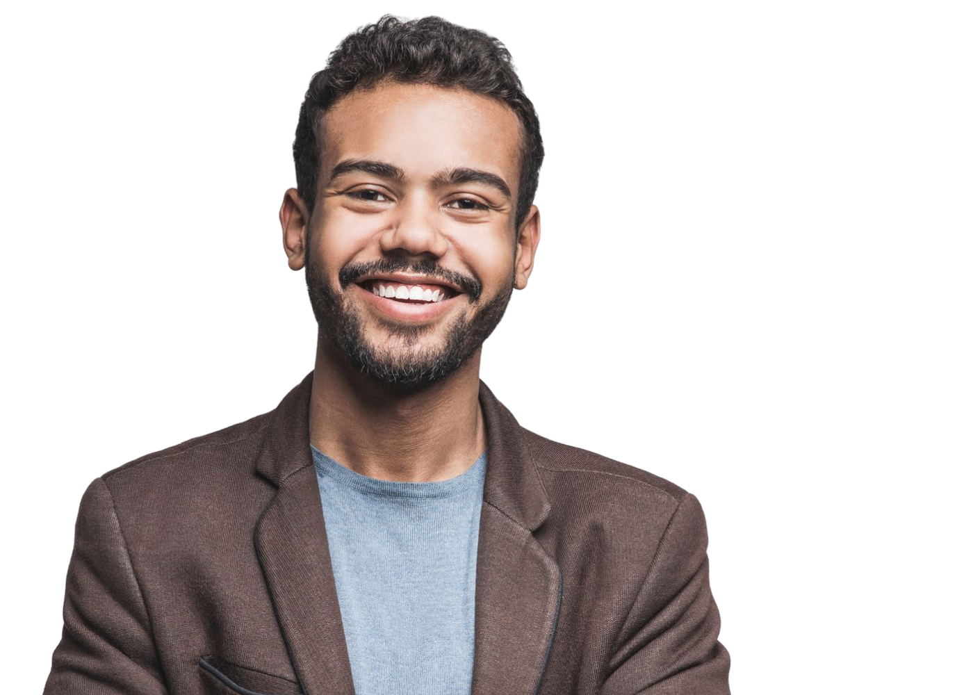 Smiling male in brown jacket.