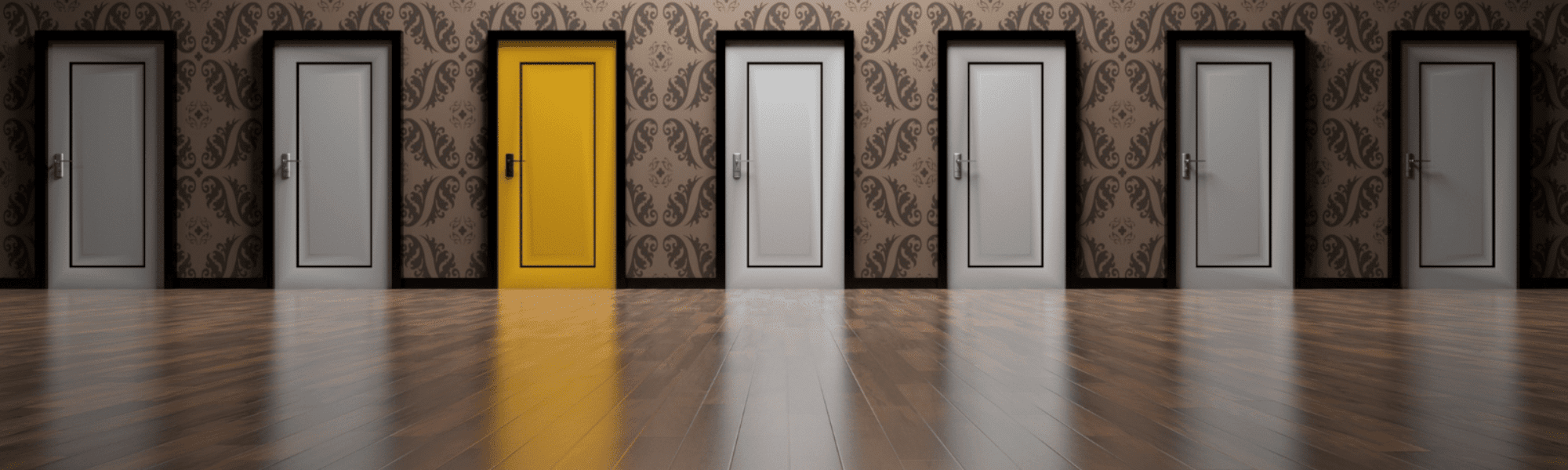 A row of five closed doors with one highlighted in yellow, symbolising opportunities and unique choices in MedTech recruitment