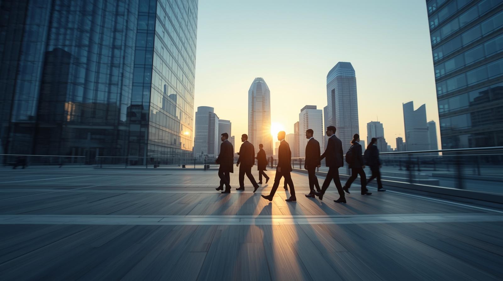 Modern India Skyline At Sunrise Behind A Group Of Business Professionals Walking With Motion Blur Effect, Clean Corporate Style, Focus On Speed And P