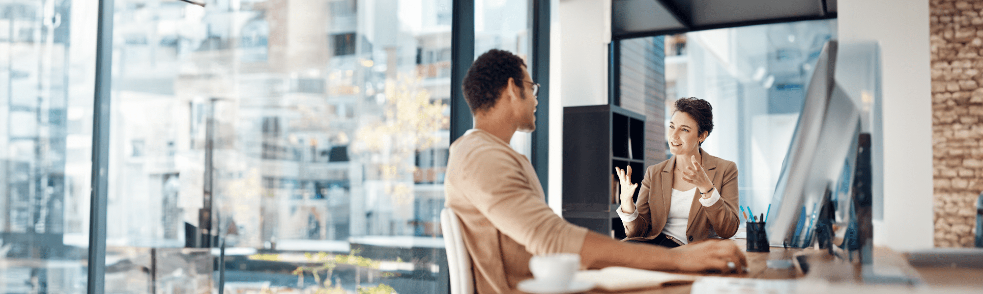 Lady and man in discussion in an office