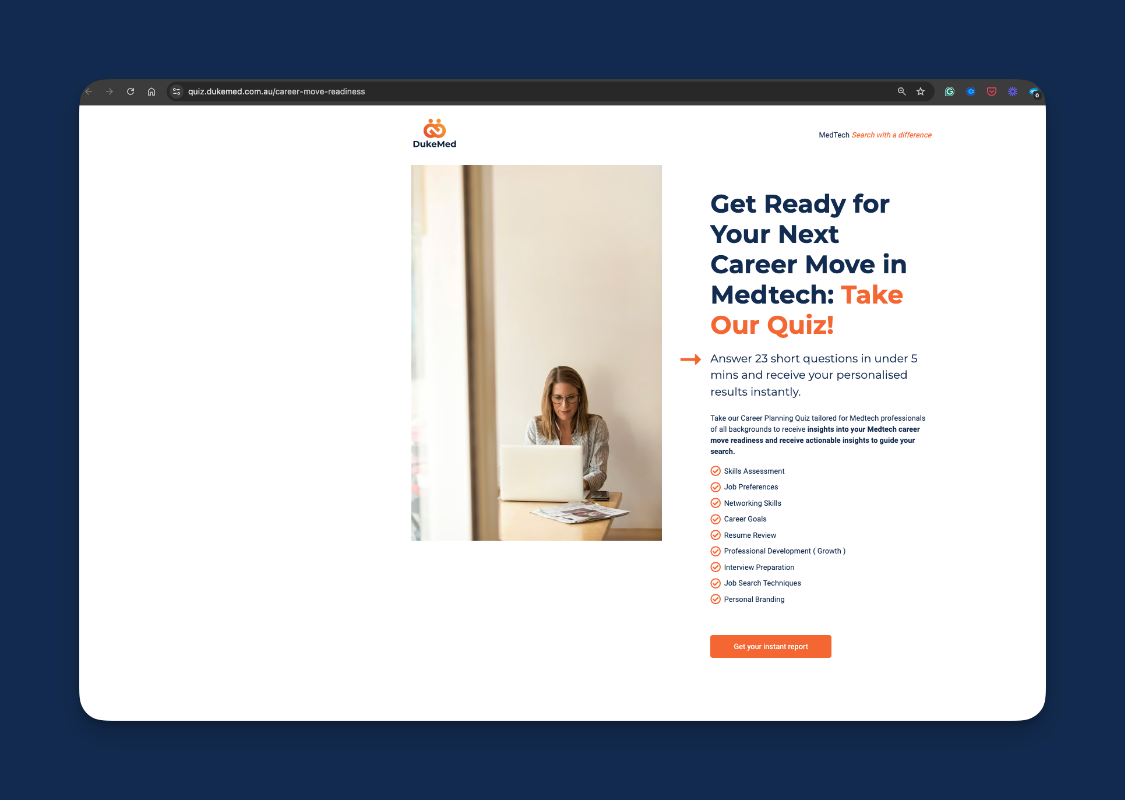 Career Move Readiness Assessment—MedTech professionals taking a tailored quiz to assess career readiness for MedTech sales, clinical support, and corporate roles.