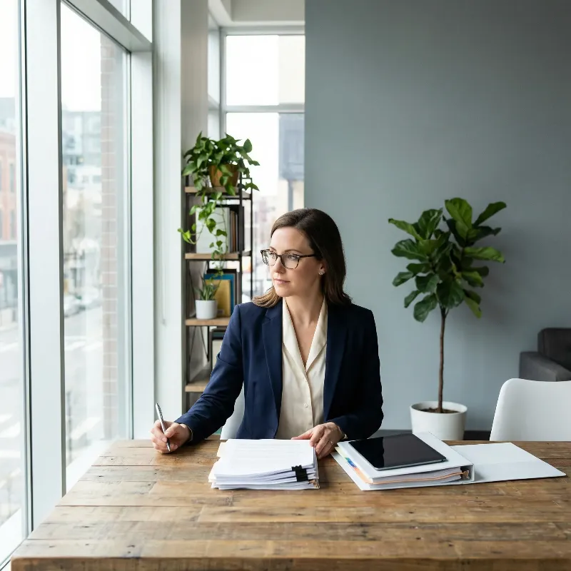 MedTech professional reviewing career or hiring documents in a modern office workspace