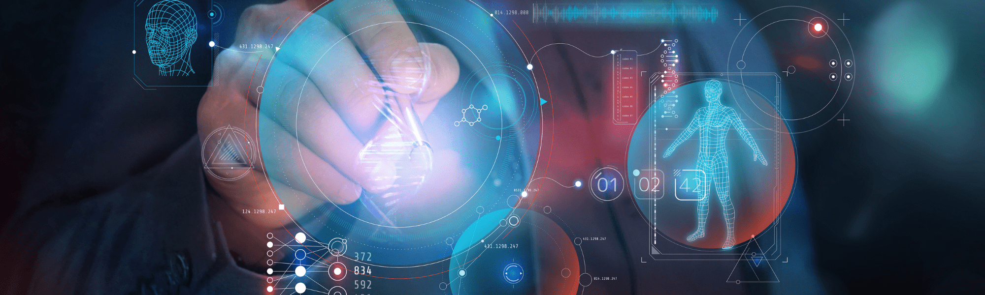 Futuristic interface featuring holographic and digital elements over a human hand, showcasing technological data, human anatomy, and geometric graphics in a blue and red colour scheme