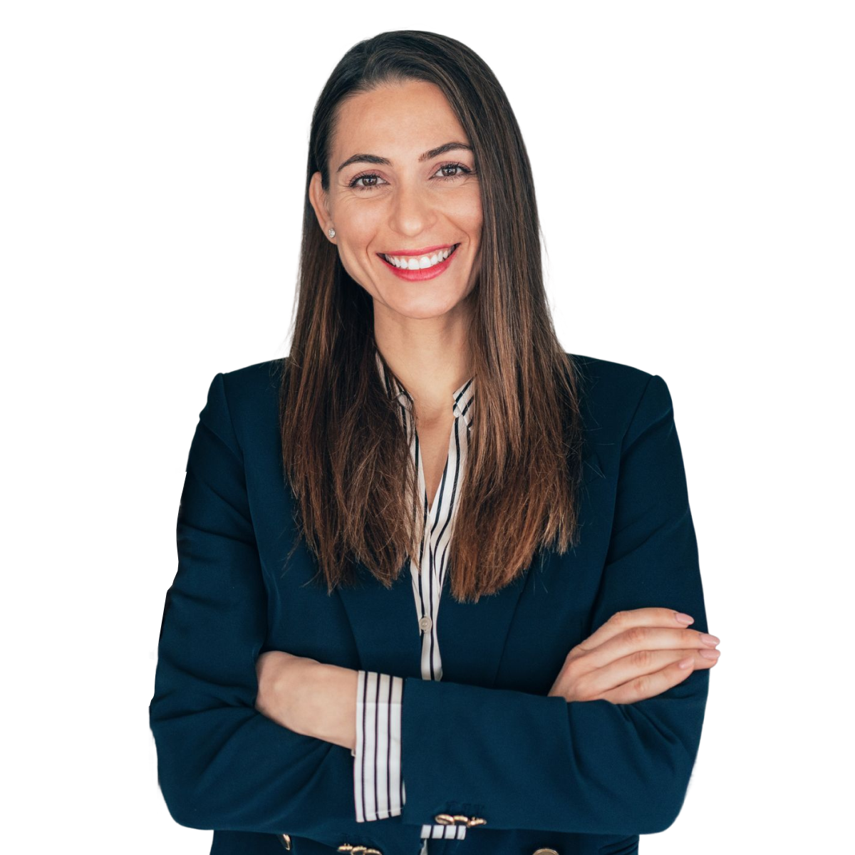 Smiling female professional with arms folded.