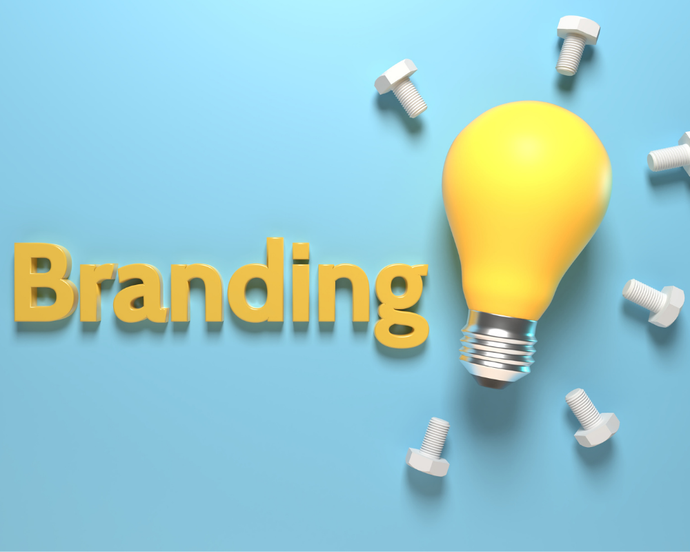 Yellow branding idea bulb on blue background