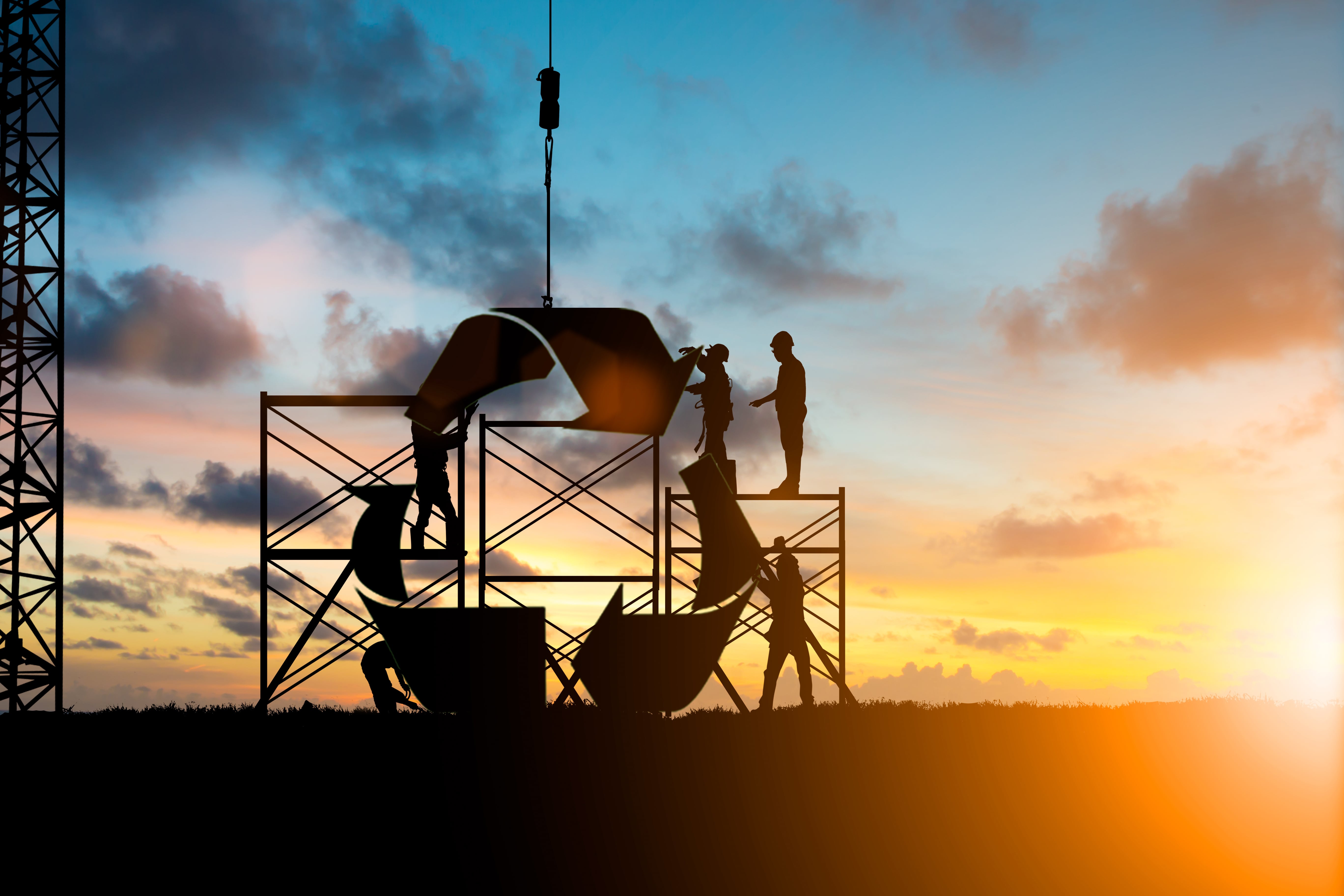 Engineers working on Recycling structure silhouette 