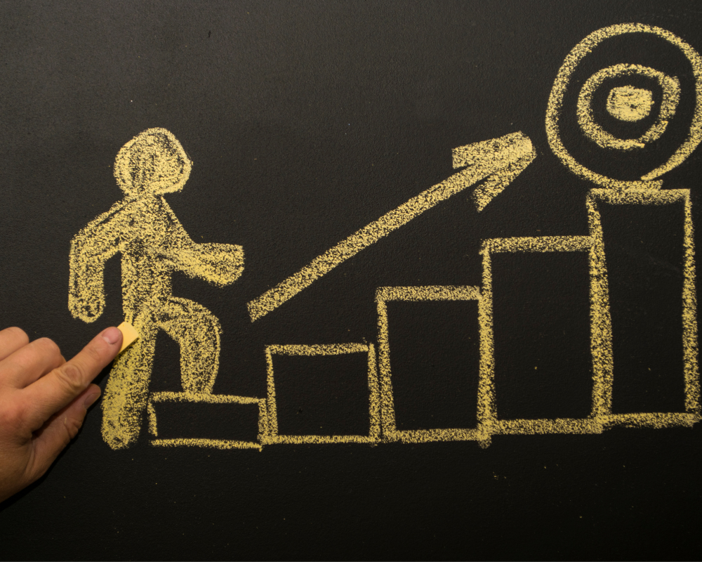 Chalk drawing of stick person climbing up steps towards a goal.