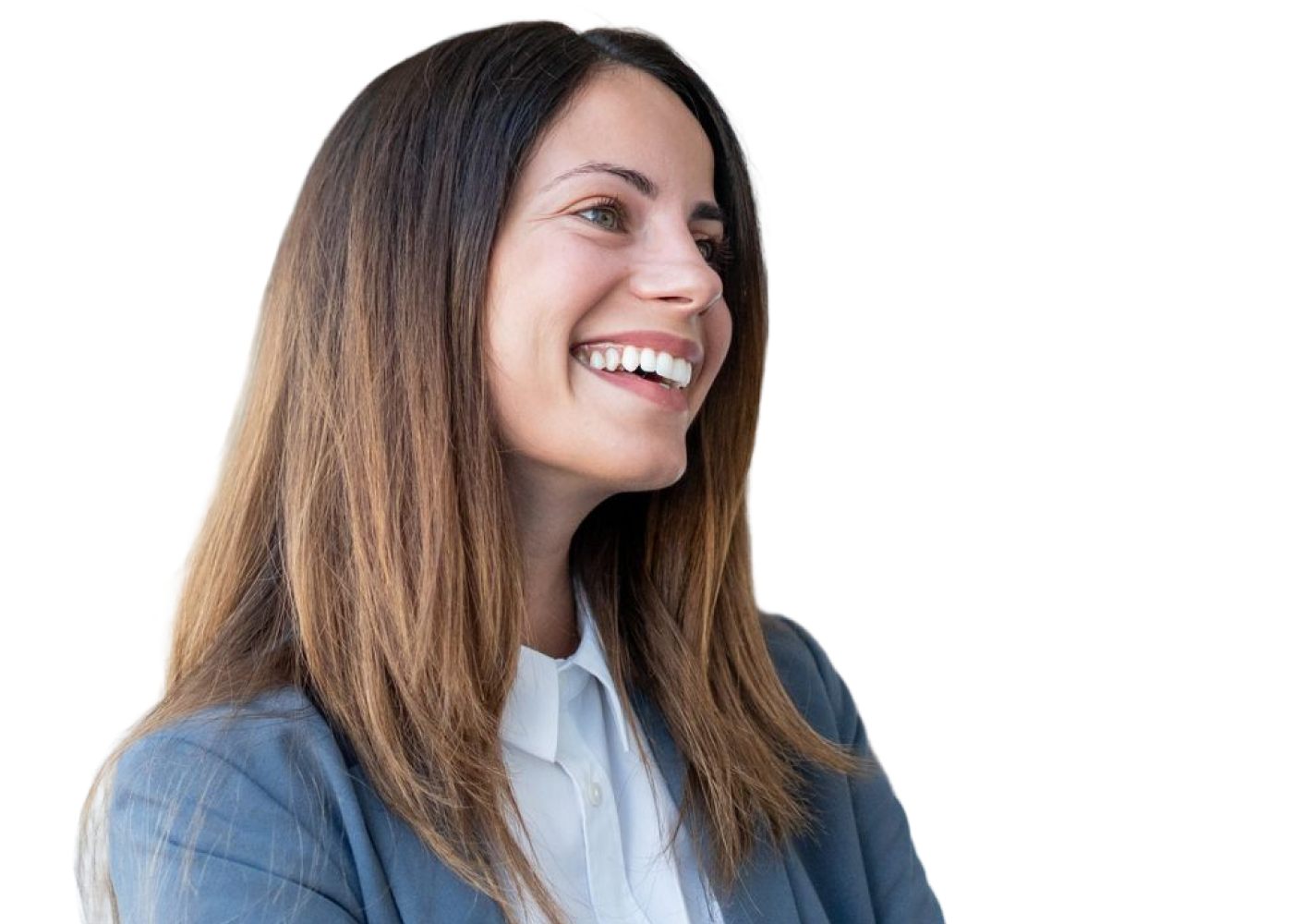 Smiling female professional wearing blue top. 