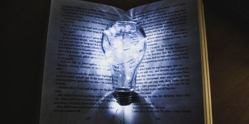Lightbulb placed on top of an open book