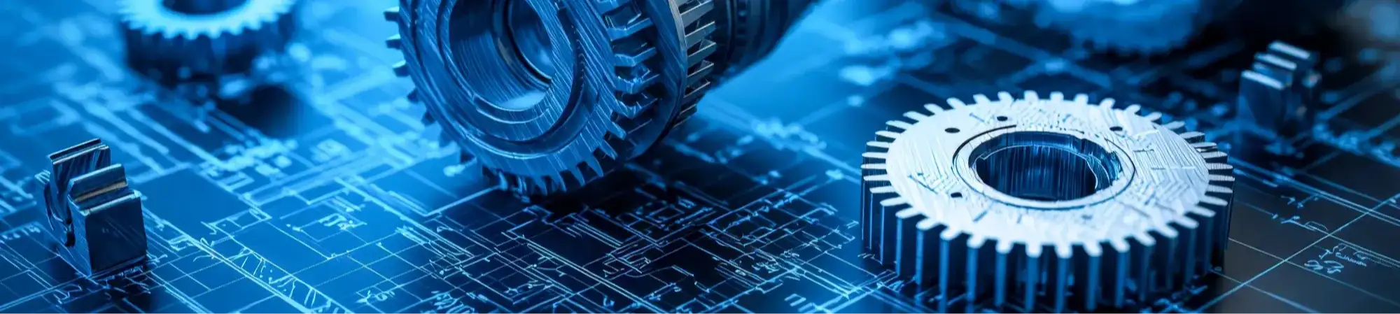 Metallic gears and mechanical components resting on a blue technical blueprint.