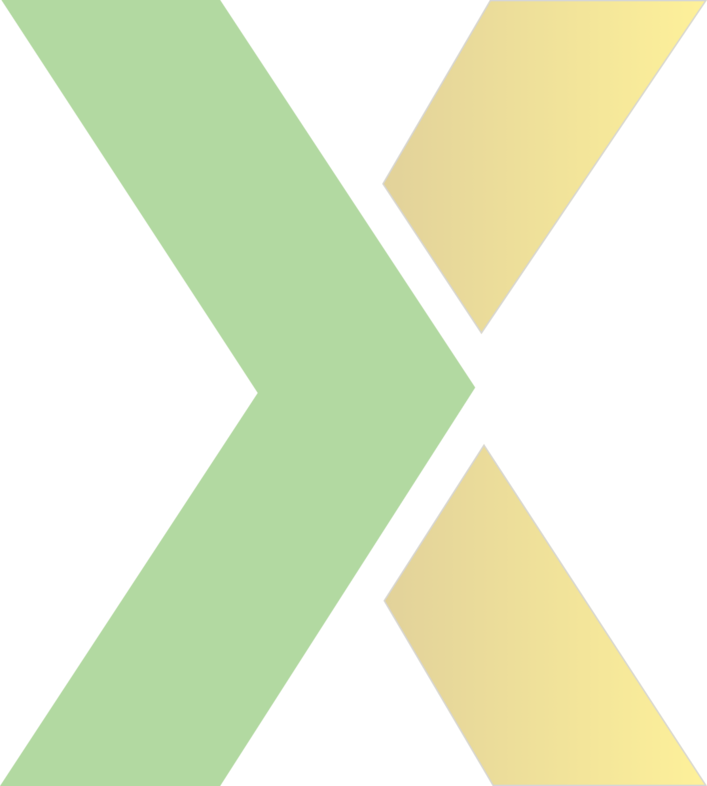 A stylized graphic of a green and gold chevron design arranged in an x shape.