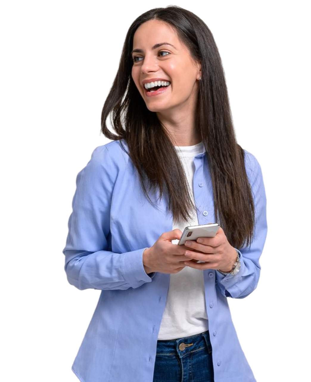 Smiling female in blue shirt. 